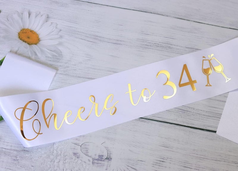 Docooniver It's my 34th Birthday Sash for Women and Men,Cheers to 34,Happy 34th Birthday Sash White with Gold Foil Lettering. - Image 2